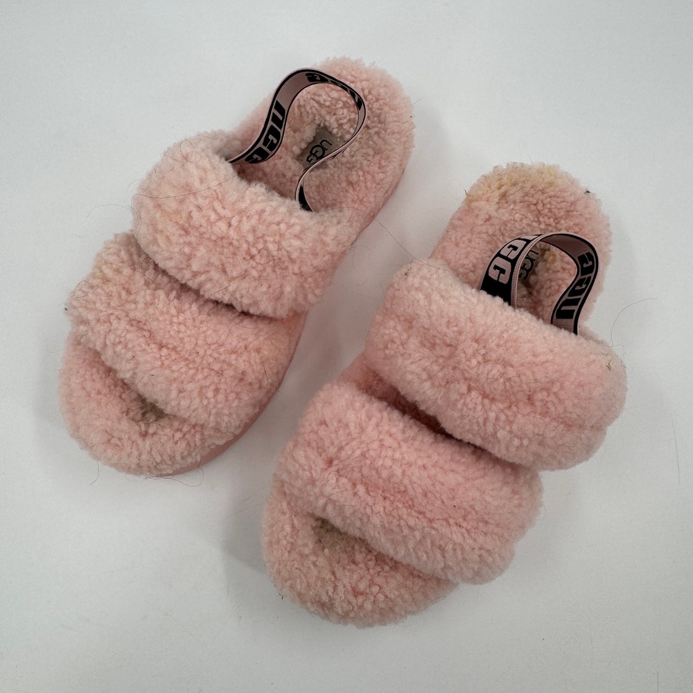UGG Fluff Yeah Slide Women 9 Pink Sheepskin Platform Slingback Sandal Slippers - Picture 2 of 7